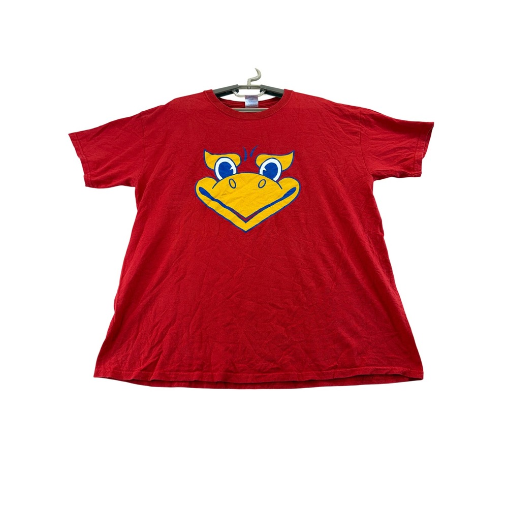 Gildan T-Shirt Mens L Red Kansas Jayhawks Mascot Graphic Short Sleeve Tee Cotton